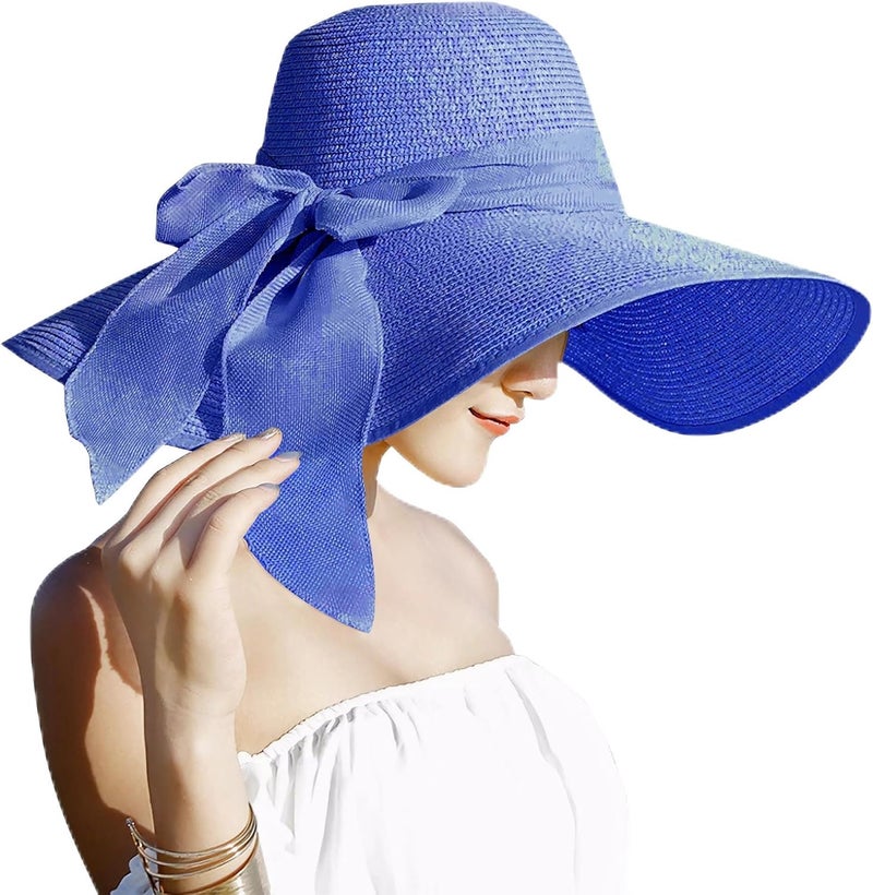 Lanzom Womens 5.7 Inches Big Bowknot Straw Hat Large Floppy Foldable Roll up Beach Cap Sun Hat UPF 50+ - Image 1